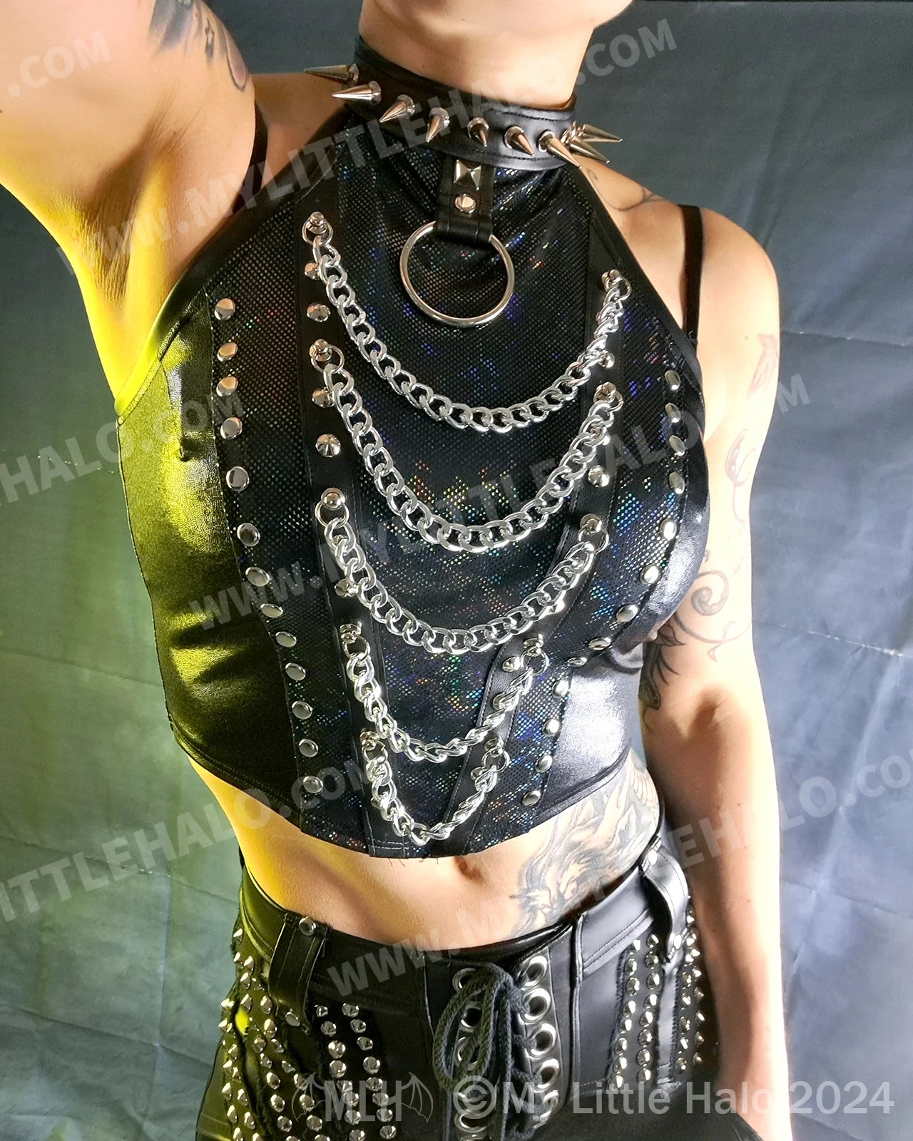 #6 Black Holographic Spike & Chain Halter