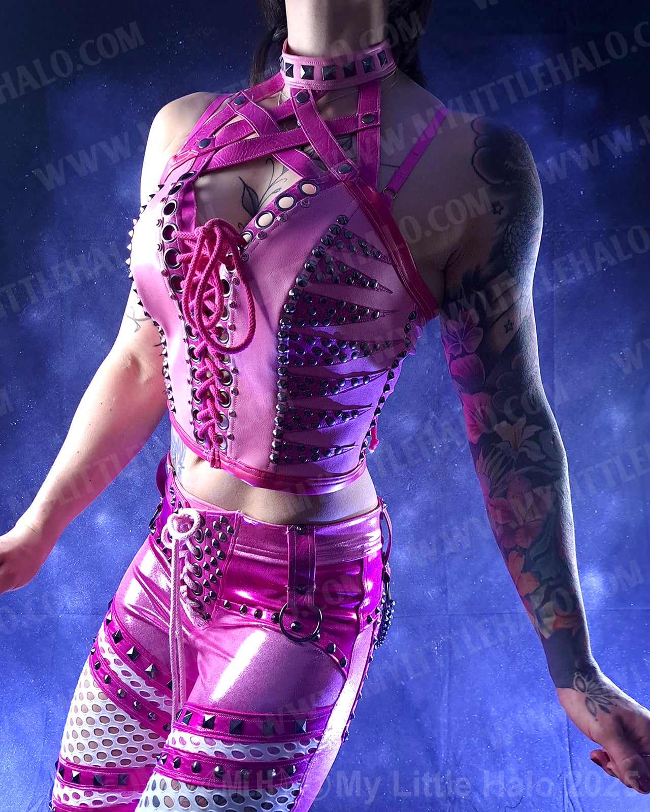 #7 Criss-cross Pink Rivet & Gemstone Bustier