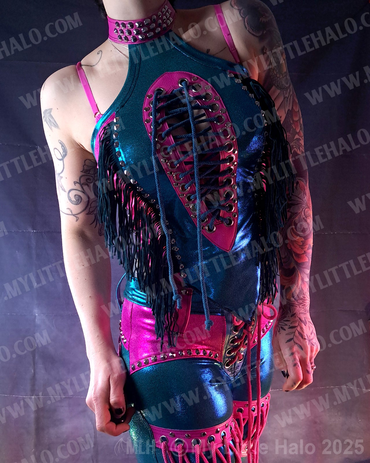 #7 Pink & Turquoise Fringed Peephole Halter Neck Top (04-25-02-2-07)