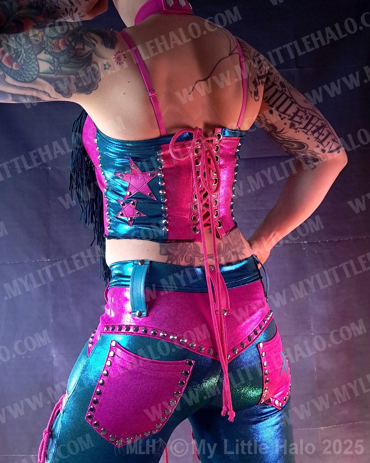 #7 Pink & Turquoise Fringed Peephole Halter Neck Top (04-25-02-2-07)