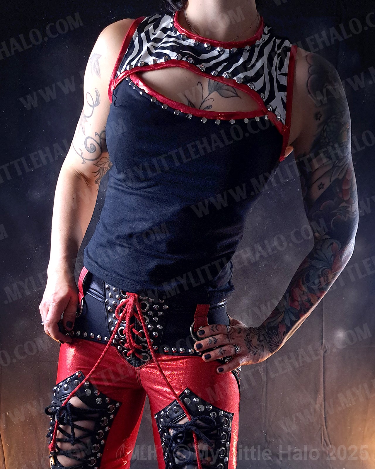 #7 Red, Black & Zebra Print Peephole Vest