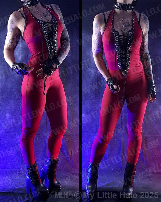 #8 Deep Red V Cut Lace up Catsuit