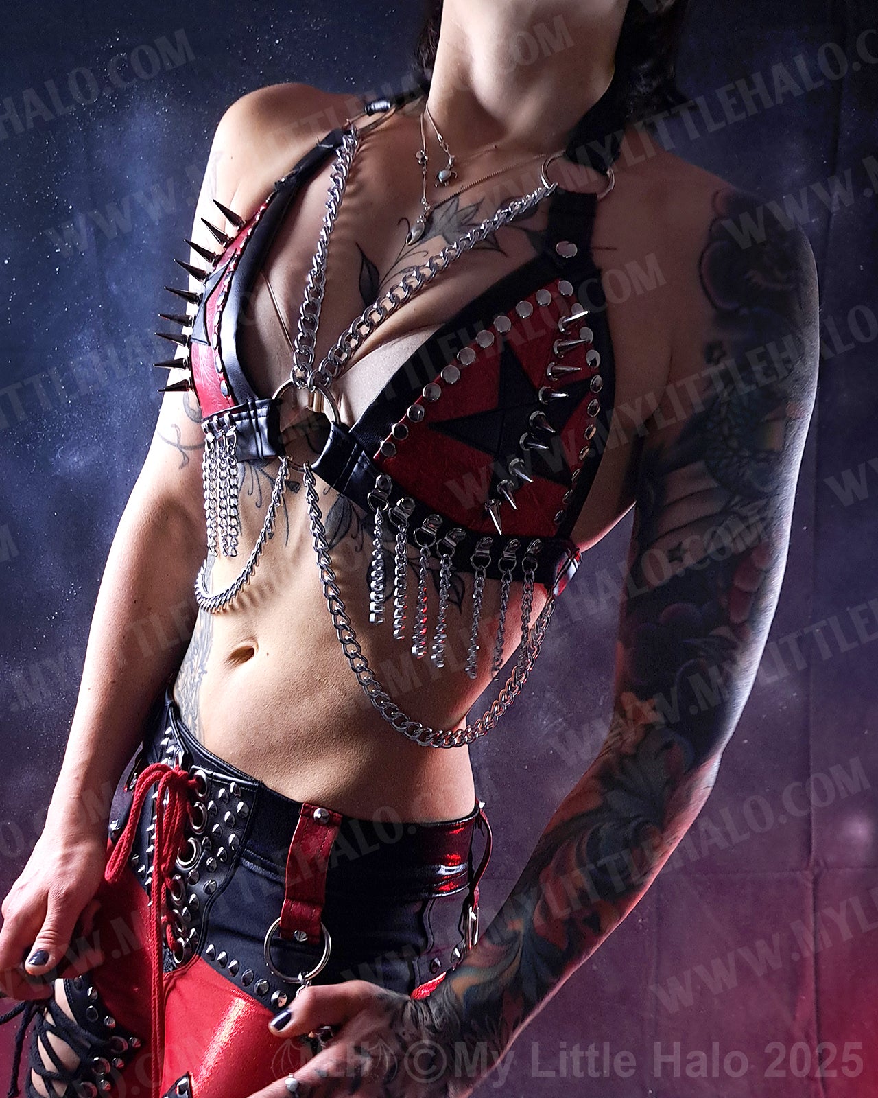 #8 Red & Black Spikes, Stars & Chains Bikini Top