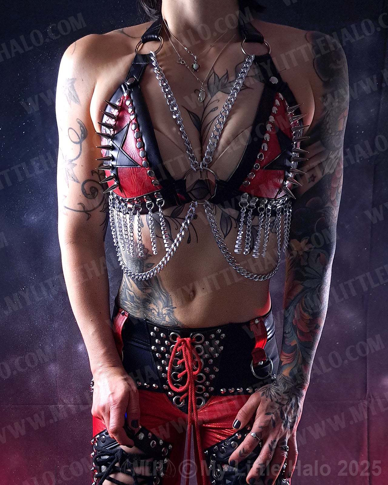 #8 Red & Black Spikes, Stars & Chains Bikini Top