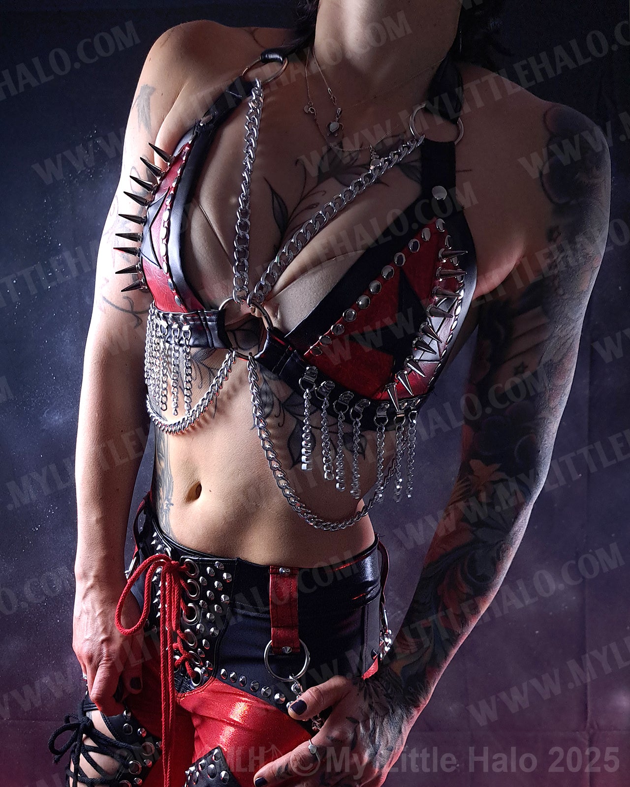 #8 Red & Black Spikes, Stars & Chains Bikini Top