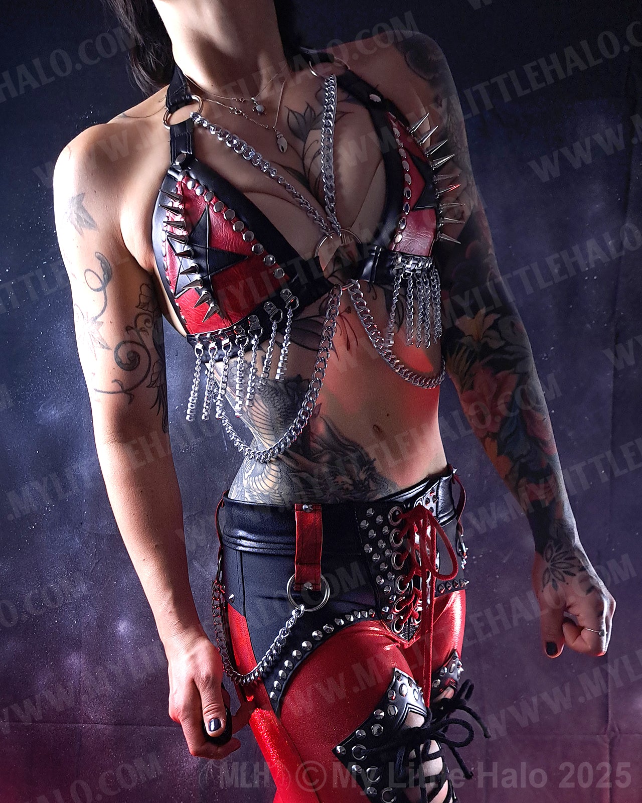 #8 Red & Black Spikes, Stars & Chains Bikini Top