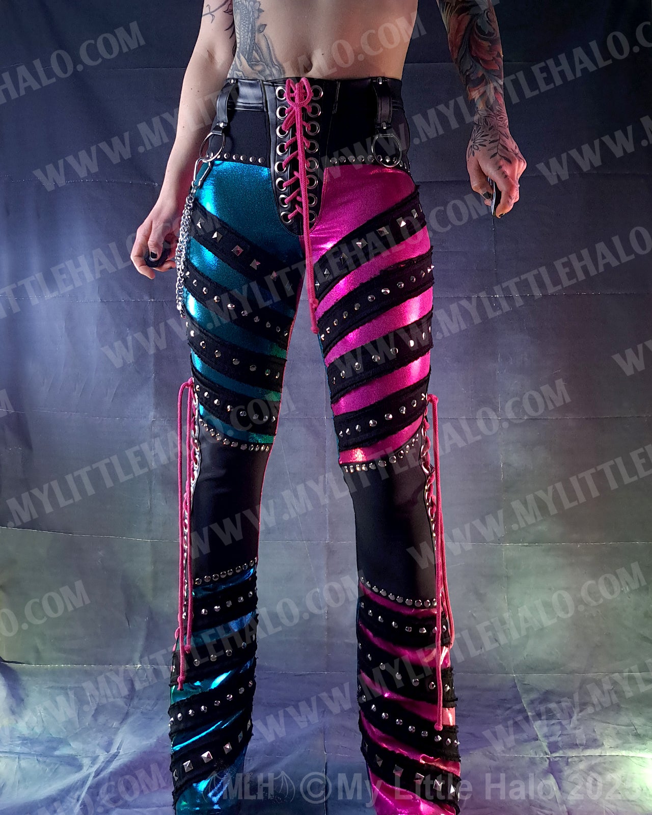 #9 Pink & Turquoise Lace up Flare Pants