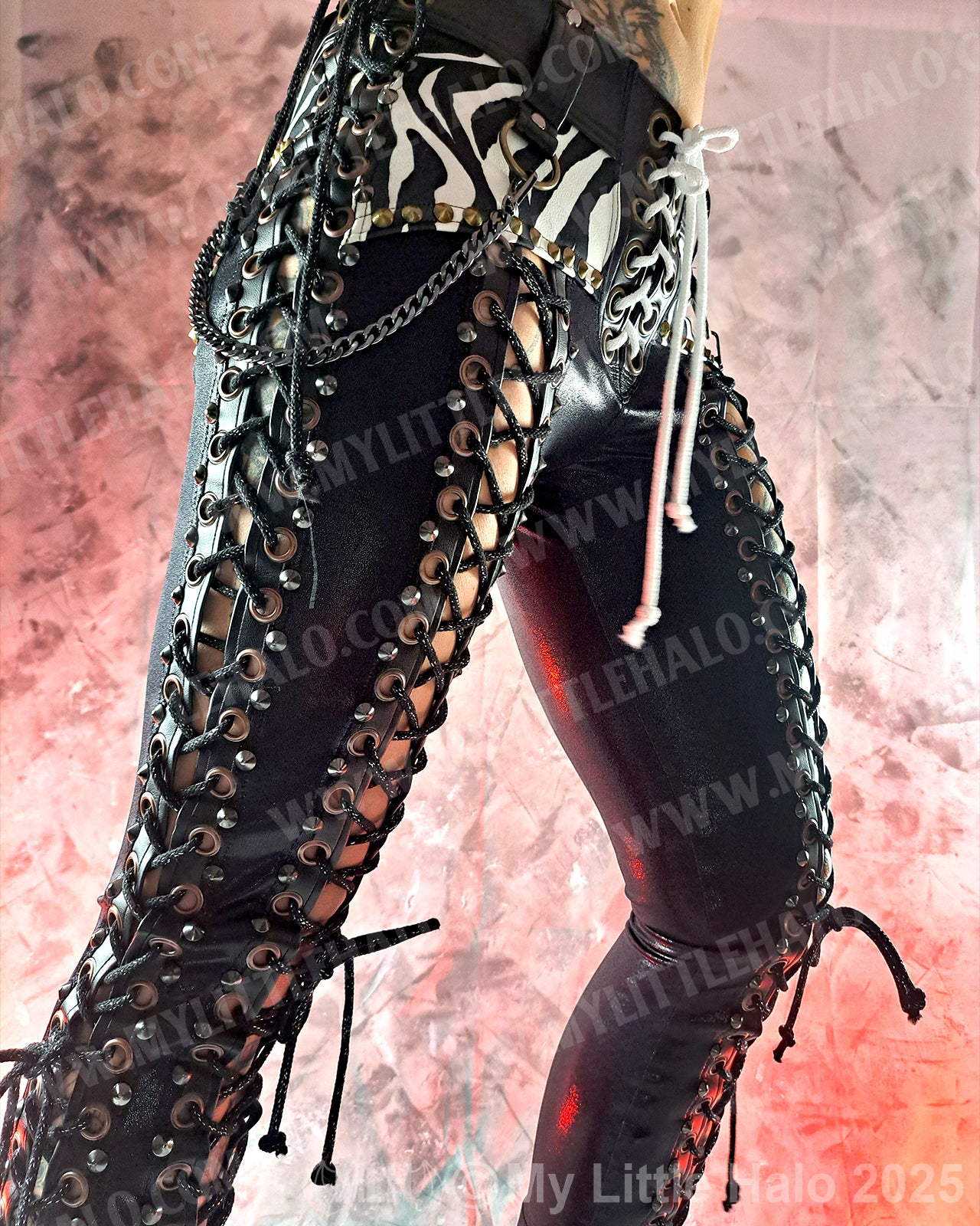 #9 Zebra Print & Black Double Lace up Metal Pants