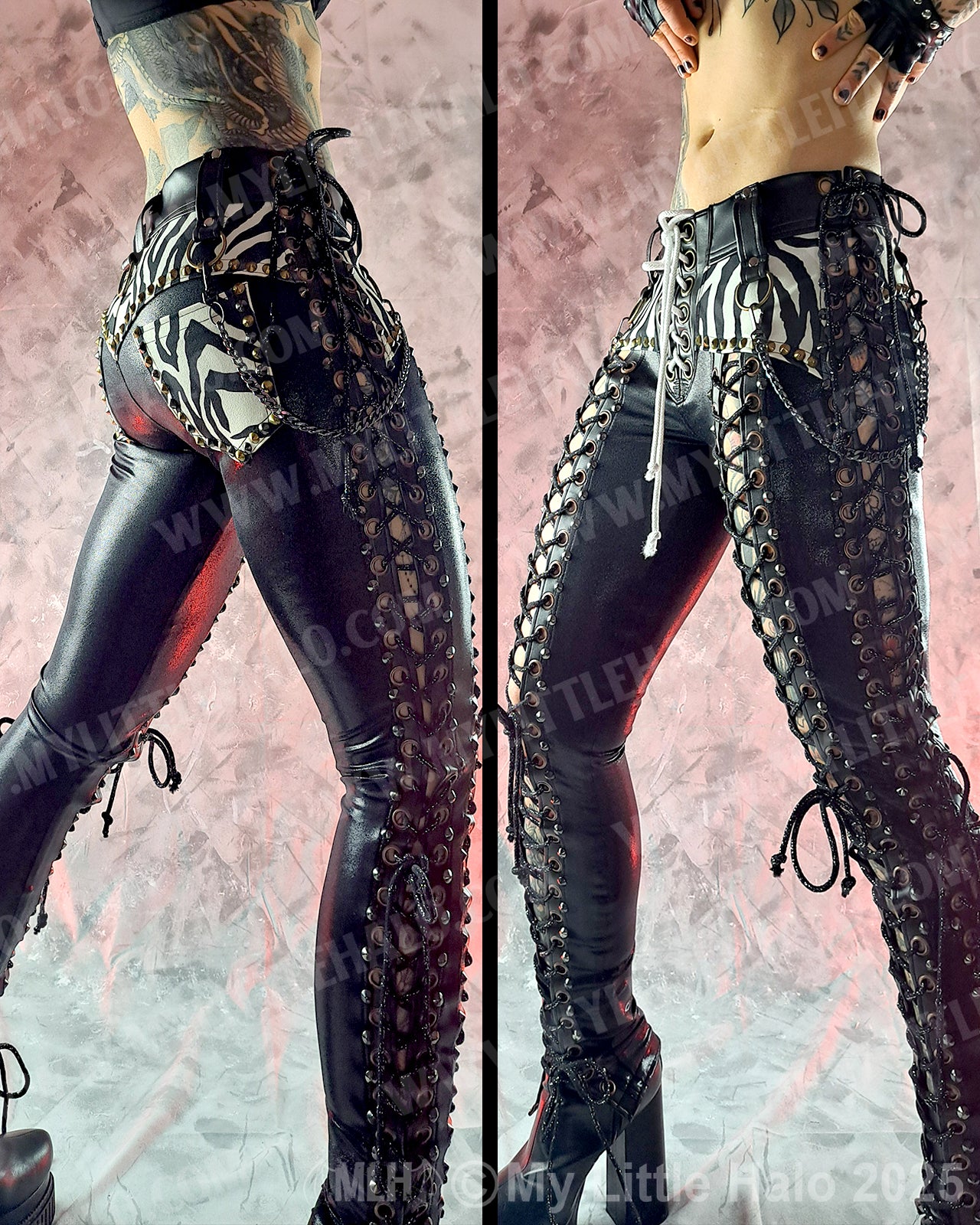 #9 Zebra Print & Black Double Lace up Metal Pants
