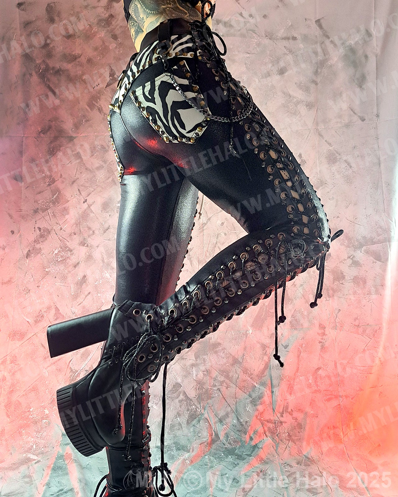 #9 Zebra Print & Black Double Lace up Metal Pants