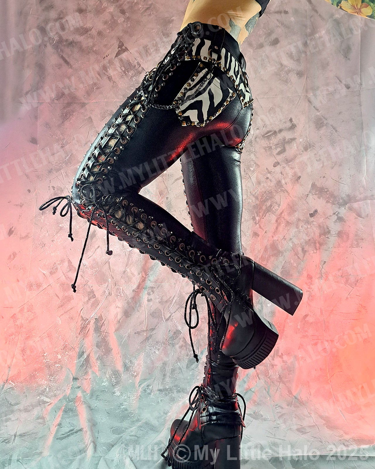 #9 Zebra Print & Black Double Lace up Metal Pants