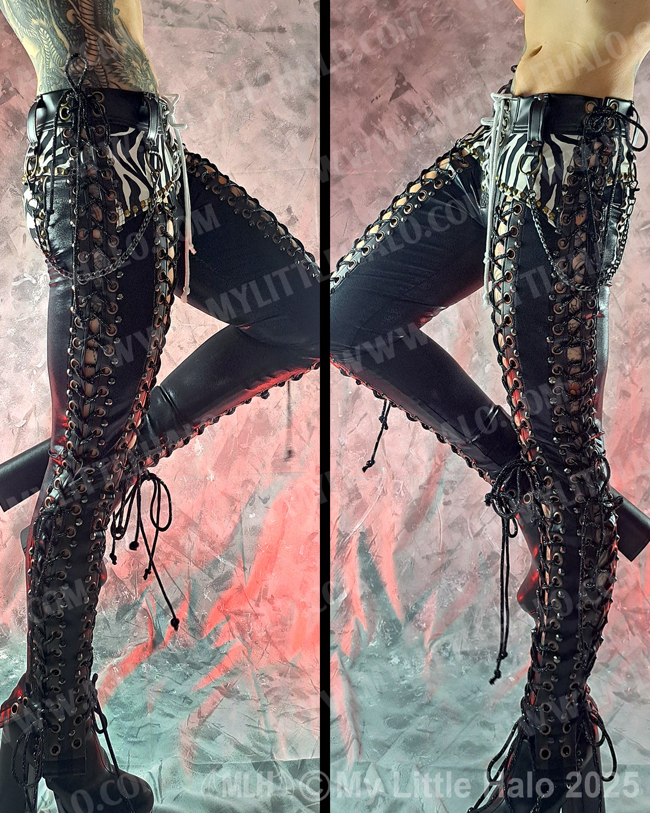 #9 Zebra Print & Black Double Lace up Metal Pants
