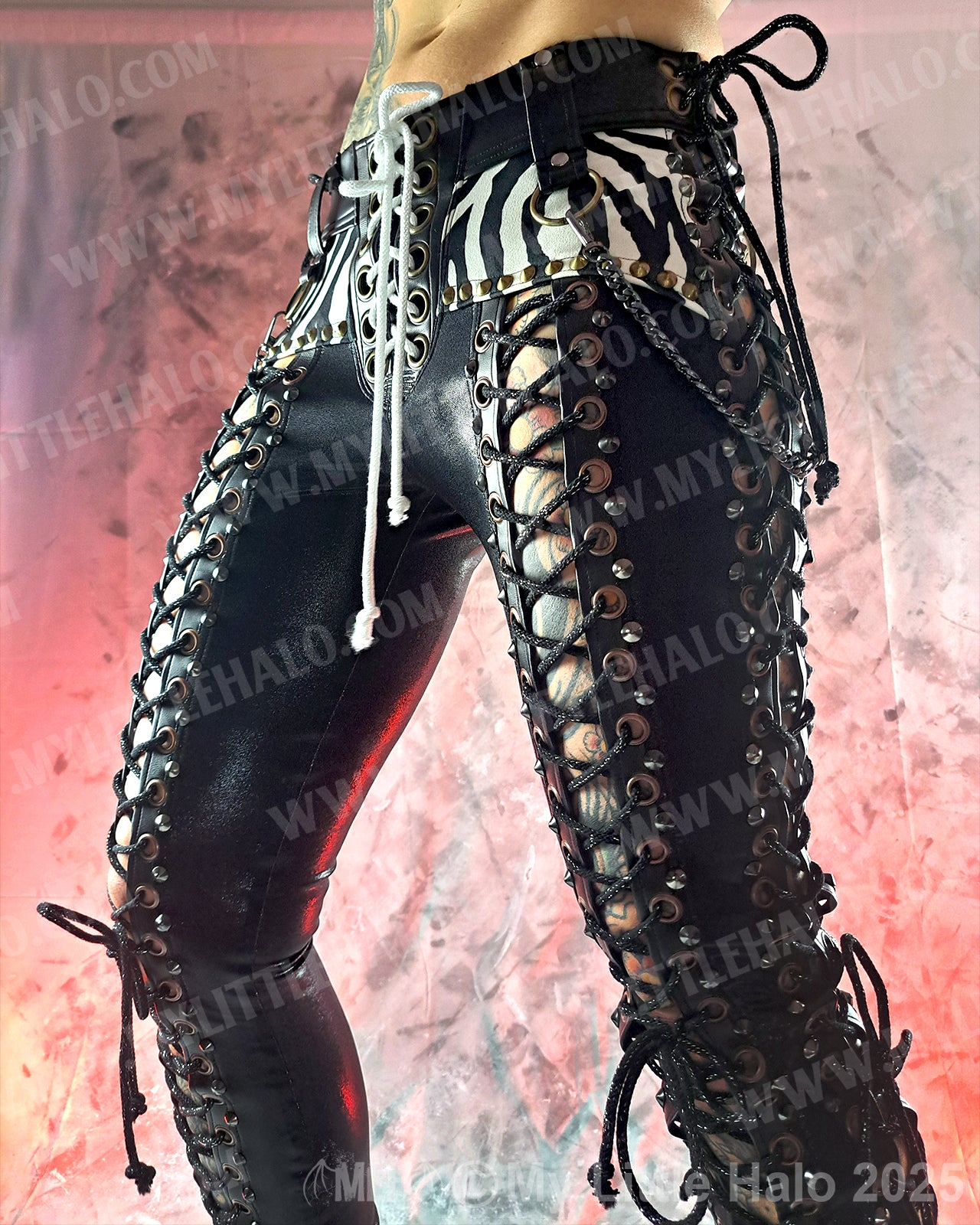 #9 Zebra Print & Black Double Lace up Metal Pants