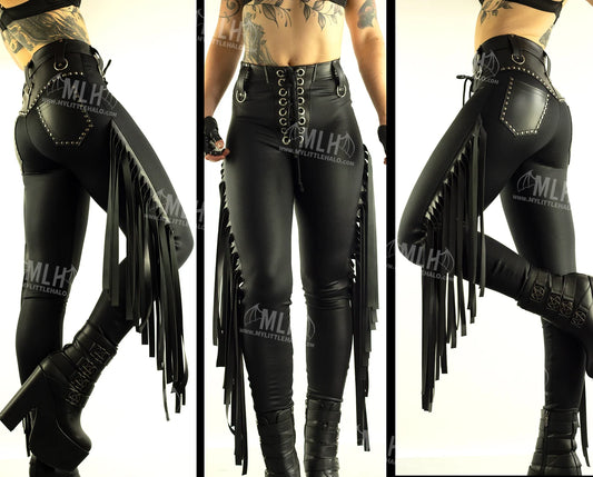 High Waisted Matte Black Fringed Pants (XL Only) (03-24-01-00-06)