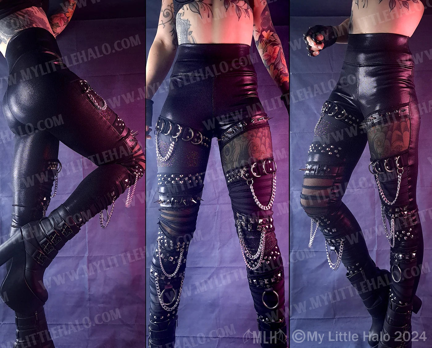 Metallic Black Spiked Mesh Gothic Leggings (25-01-00-01)
