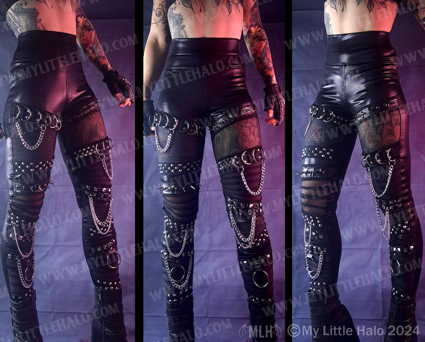 Metallic Black Spiked Mesh Gothic Leggings (25-01-00-01)