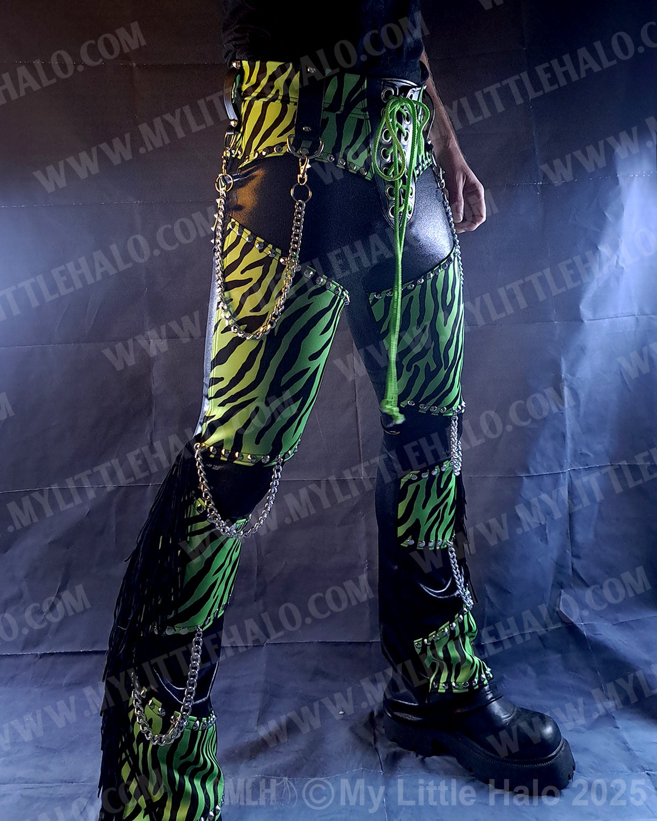 Men's Green Zebra Bootcut Fringe Pants