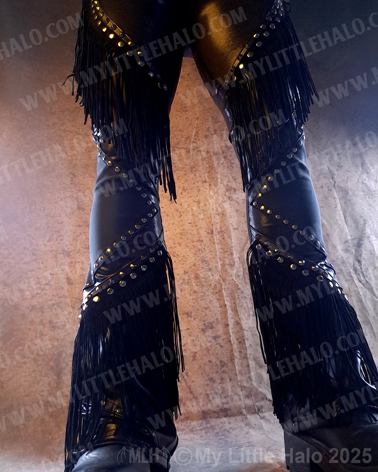 Men's Leather & Spandex Fringed Bootcut Pants