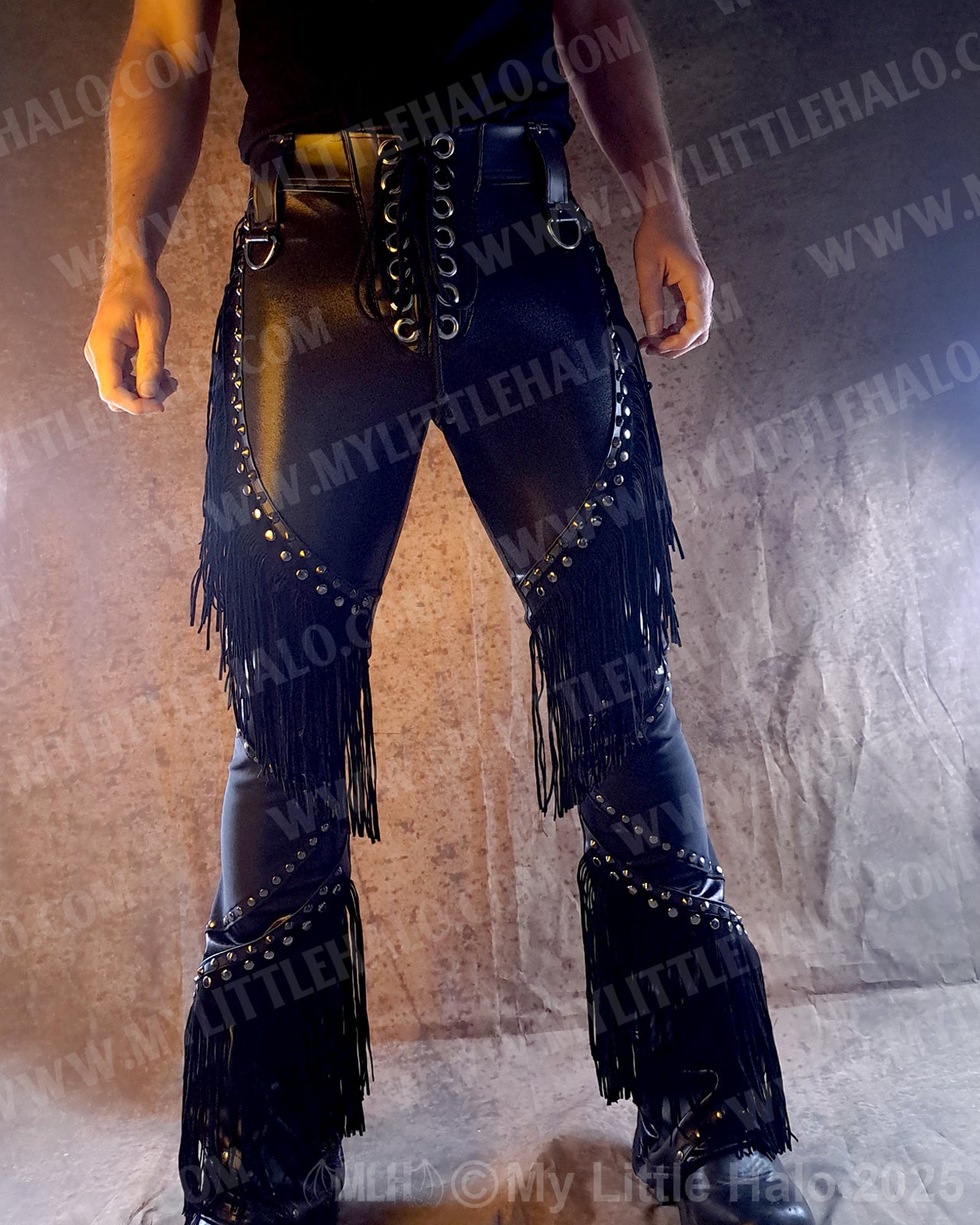 Men's Leather & Spandex Fringed Bootcut Pants