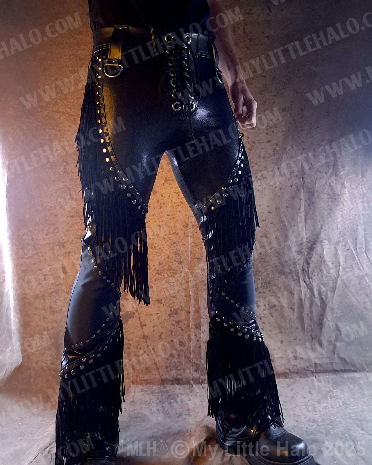 Men's Leather & Spandex Fringed Bootcut Pants