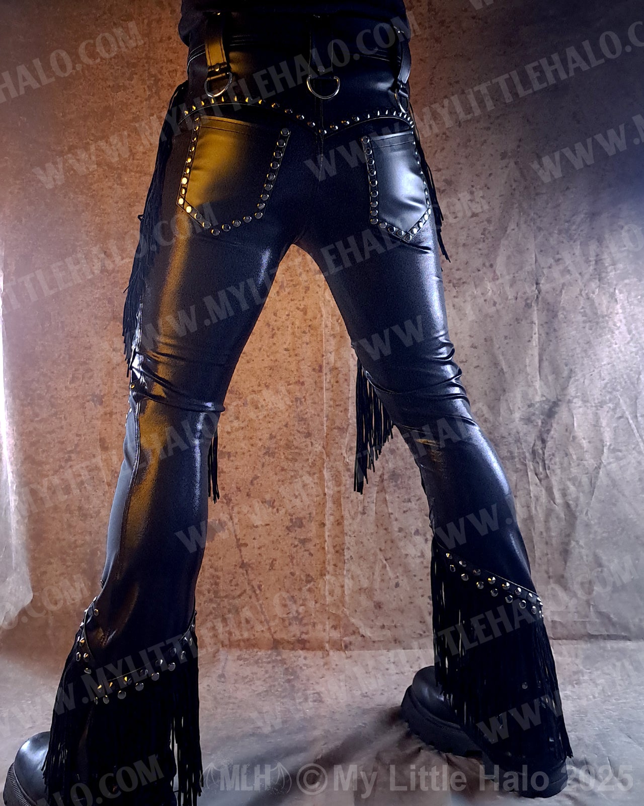 Men's Leather & Spandex Fringed Bootcut Pants