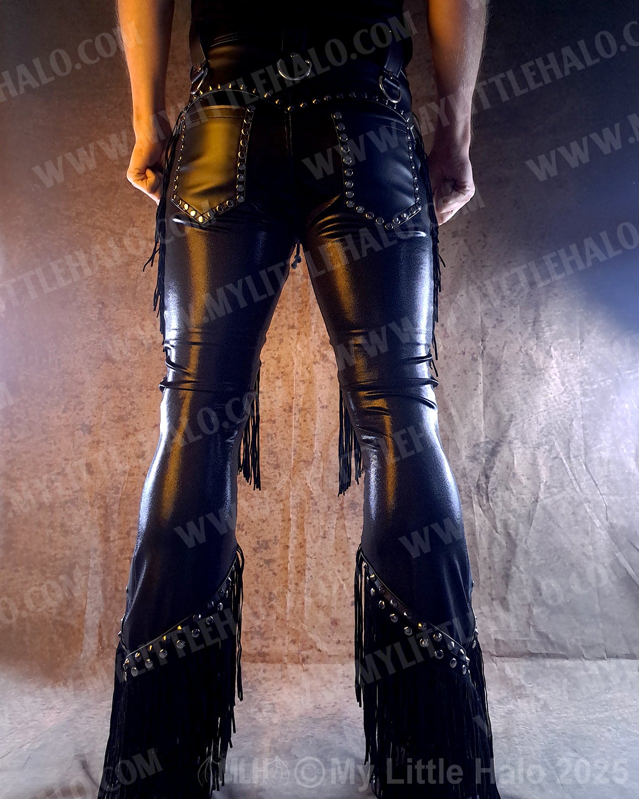 Men's Leather & Spandex Fringed Bootcut Pants