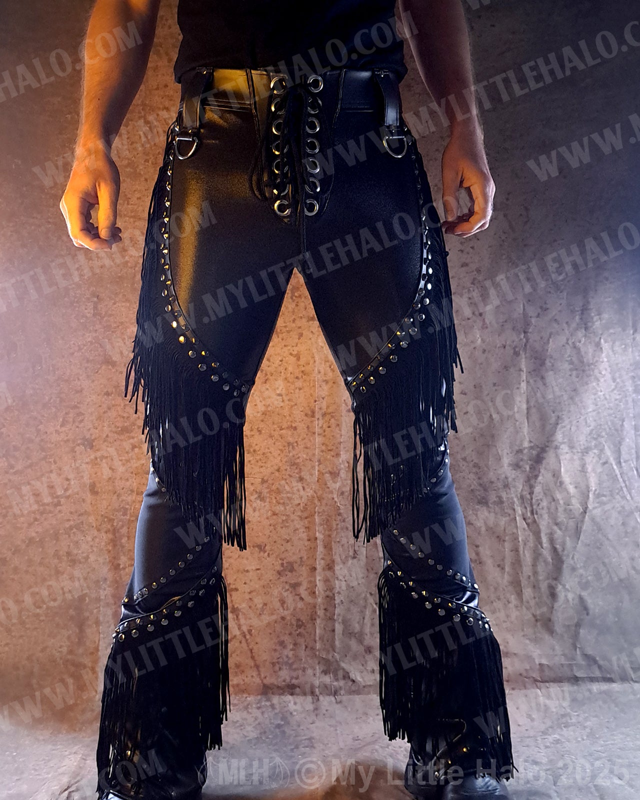 Men's Leather & Spandex Fringed Bootcut Pants