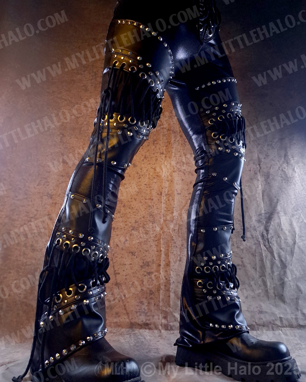Men's Leather & Spandex Straight Leg Rivet Pants