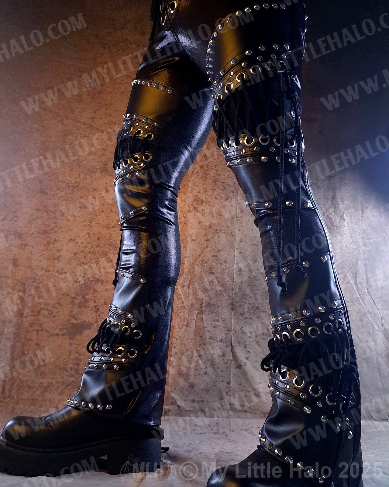Men's Leather & Spandex Straight Leg Rivet Pants