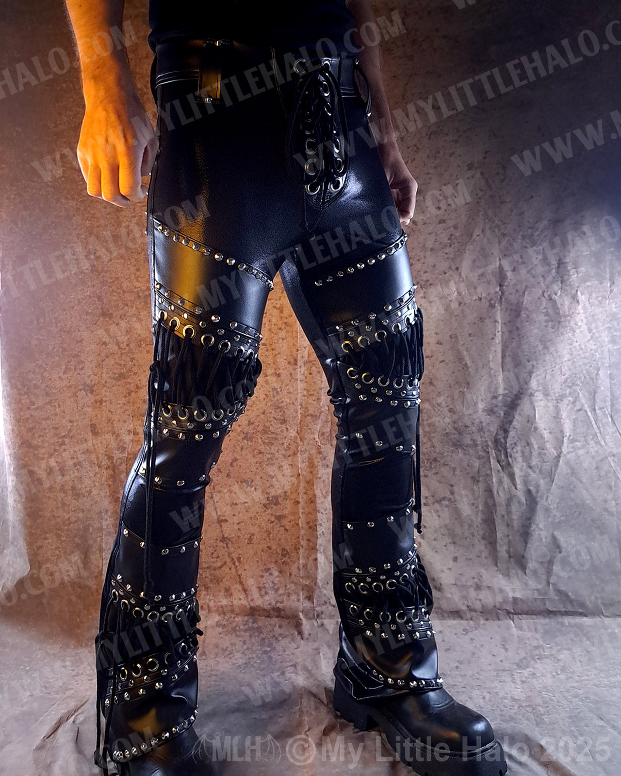 Men's Leather & Spandex Straight Leg Rivet Pants