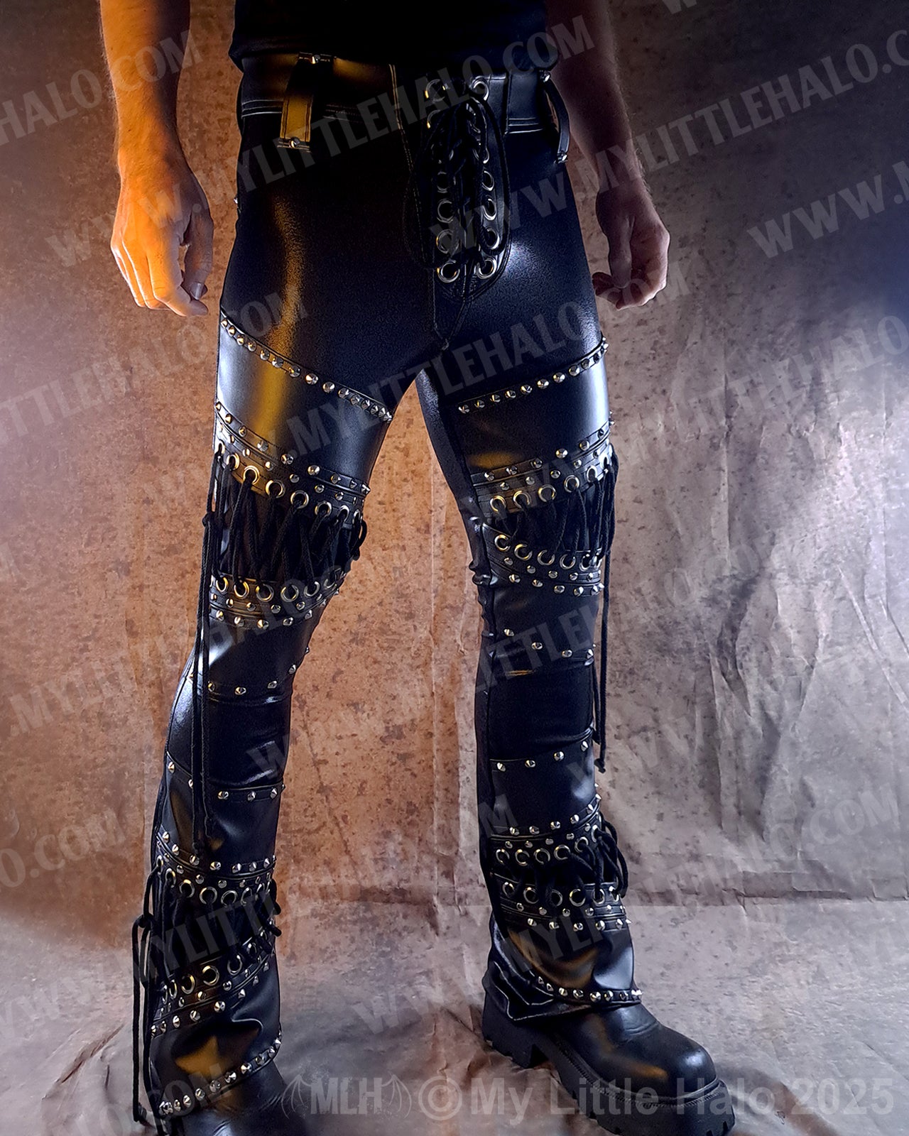 Men's Leather & Spandex Straight Leg Rivet Pants