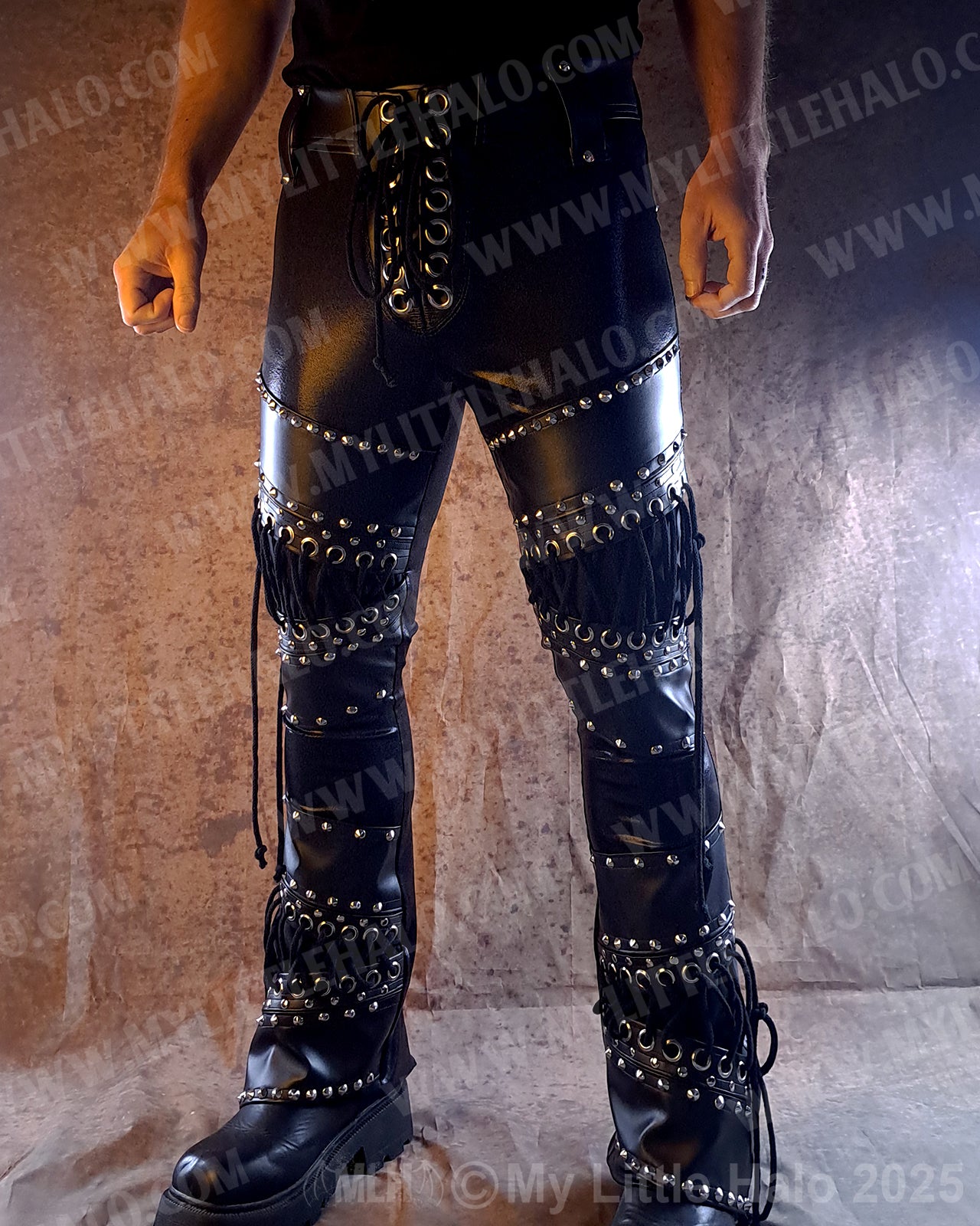 Men's Leather & Spandex Straight Leg Rivet Pants