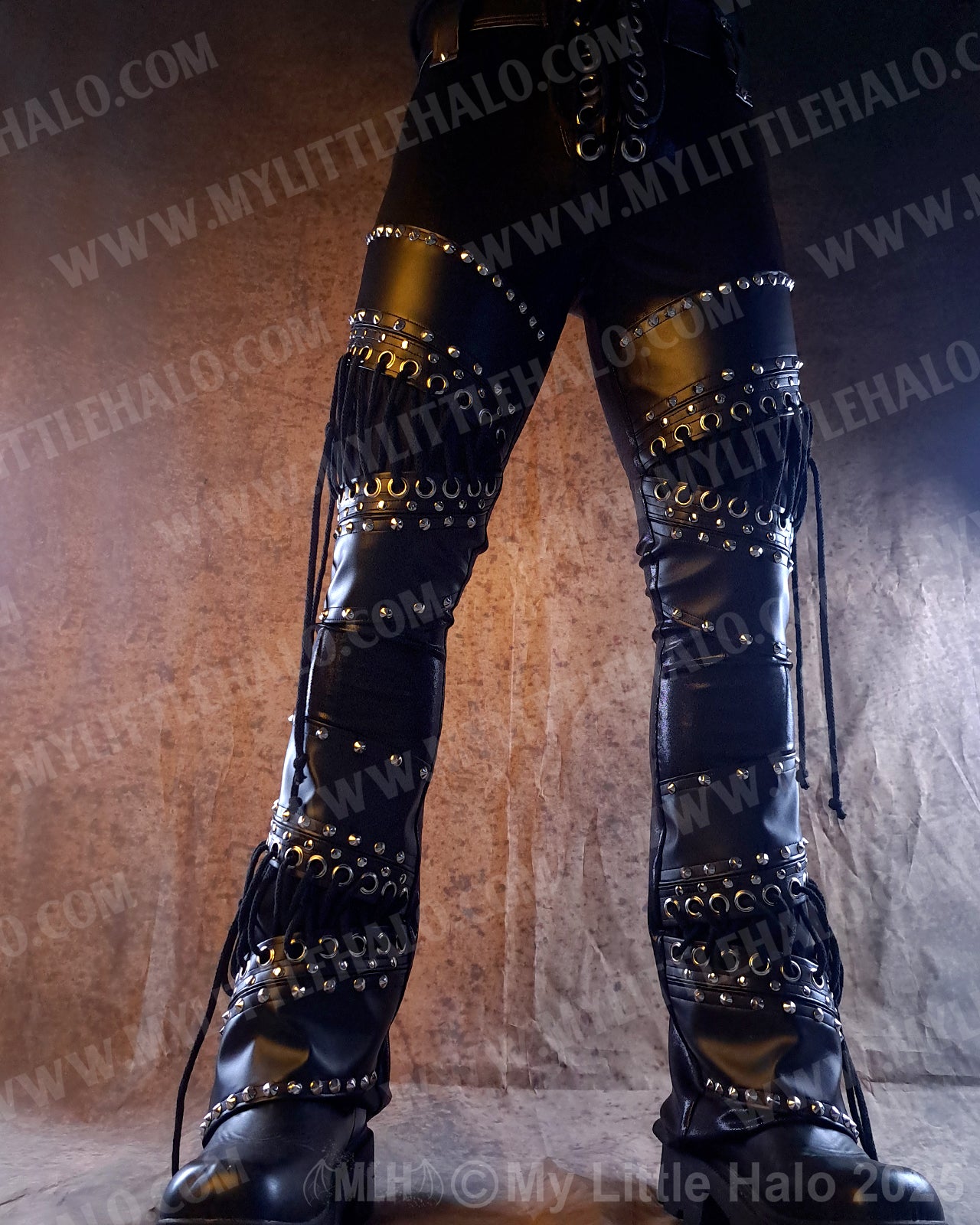 Men's Leather & Spandex Straight Leg Rivet Pants