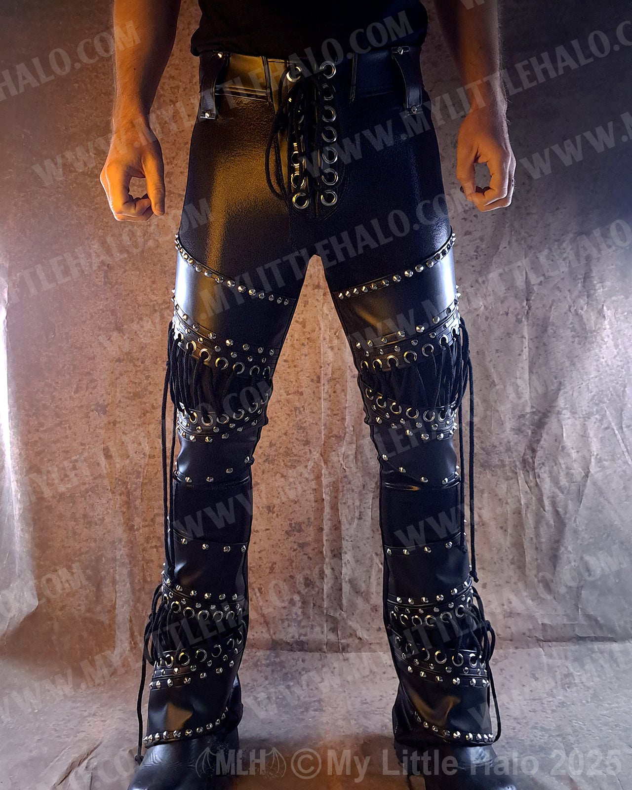 Men's Leather & Spandex Straight Leg Rivet Pants