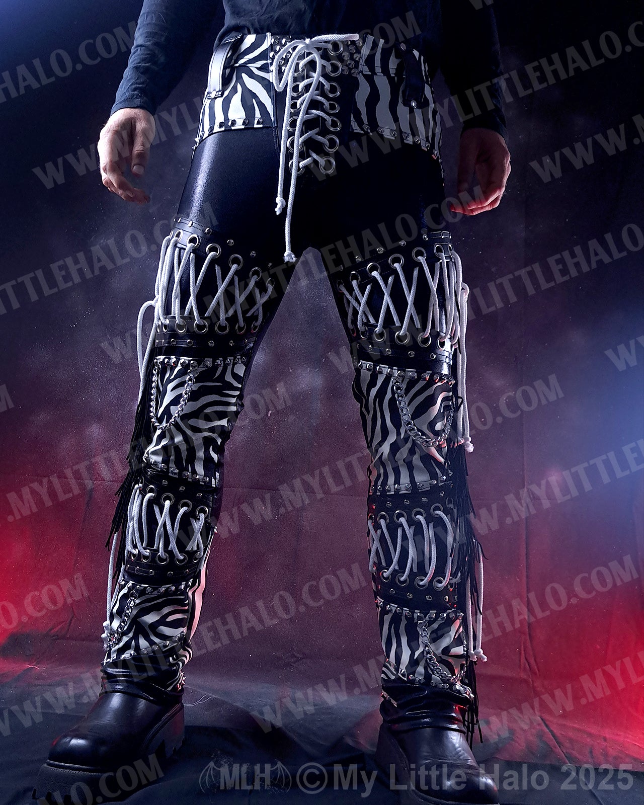 Men’s White Zebra Print Lace up Fringed Pants