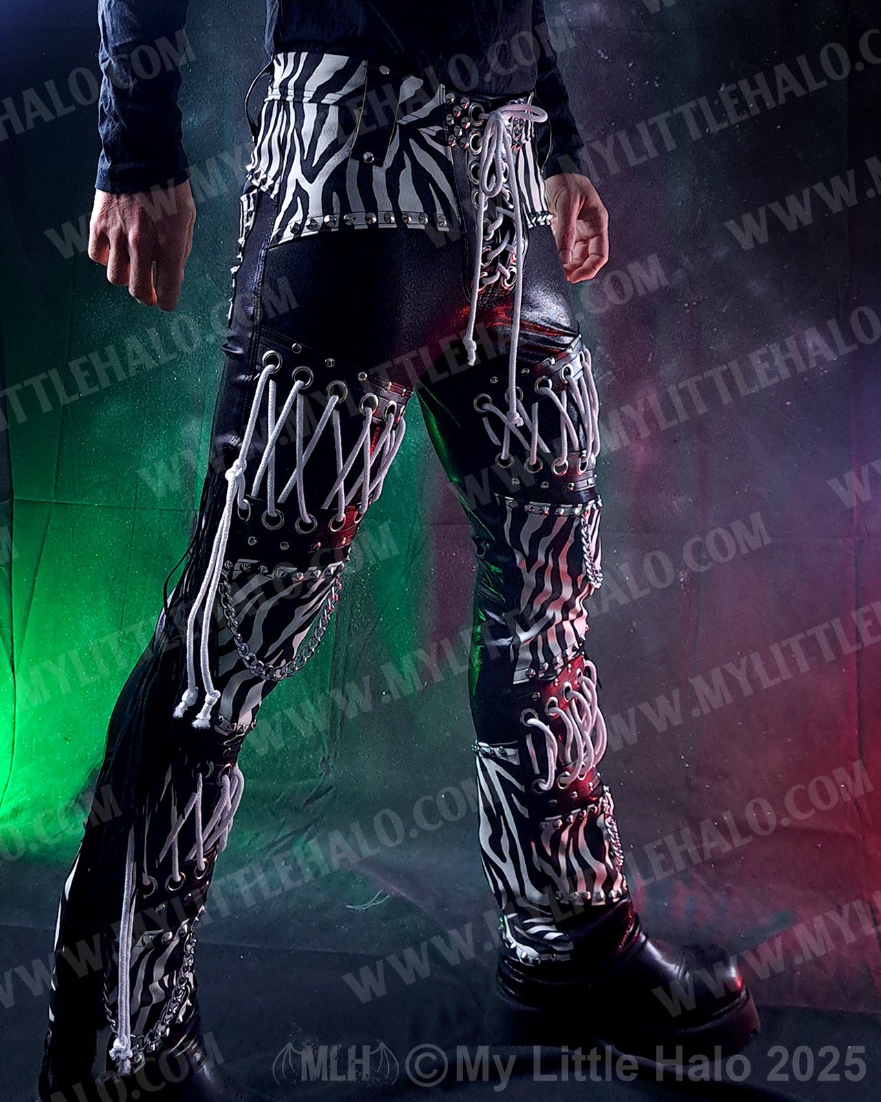 Men’s White Zebra Print Lace up Fringed Pants