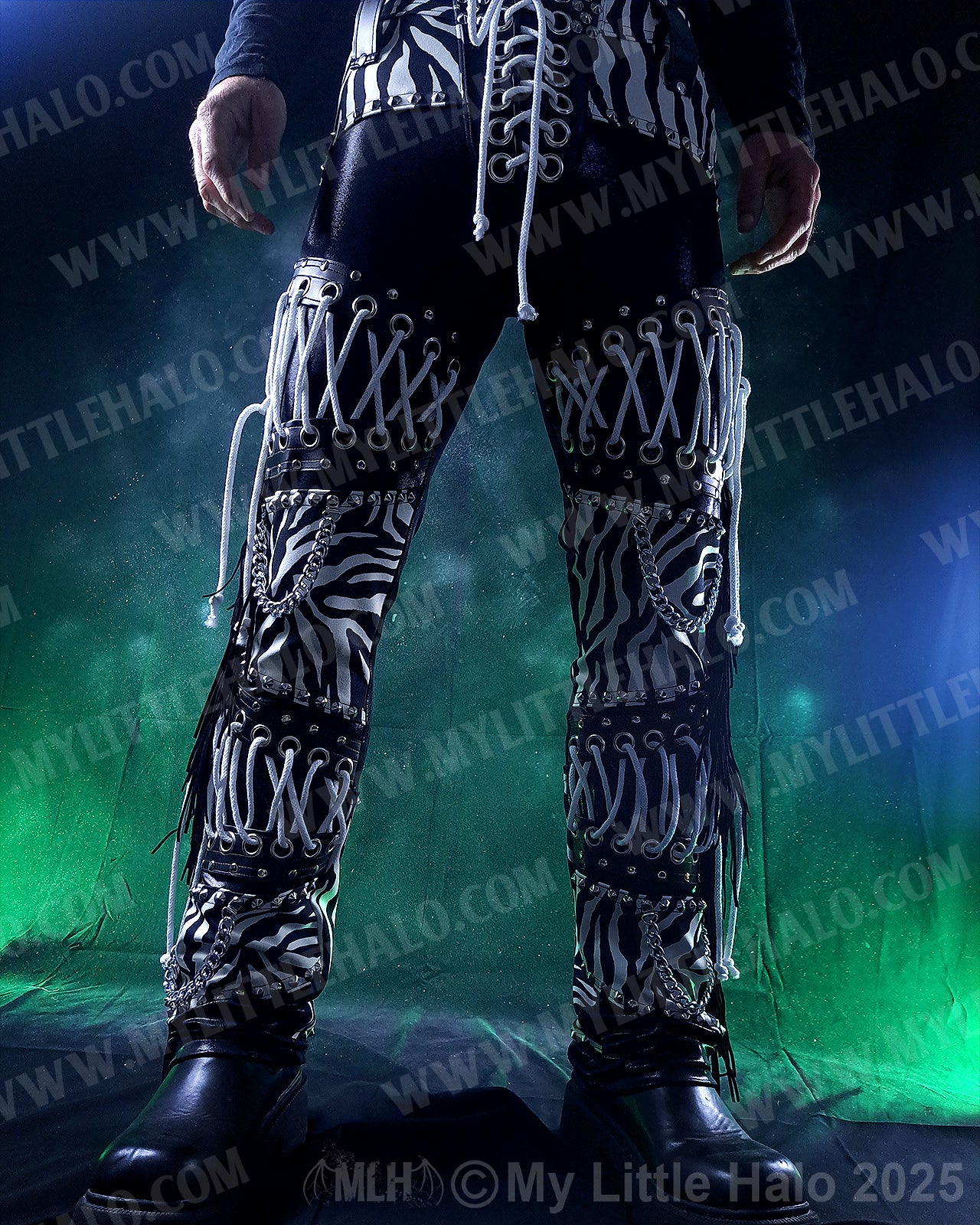 Men’s White Zebra Print Lace up Fringed Pants