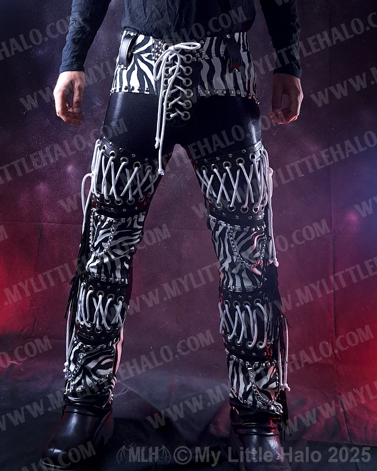 Men’s White Zebra Print Lace up Fringed Pants