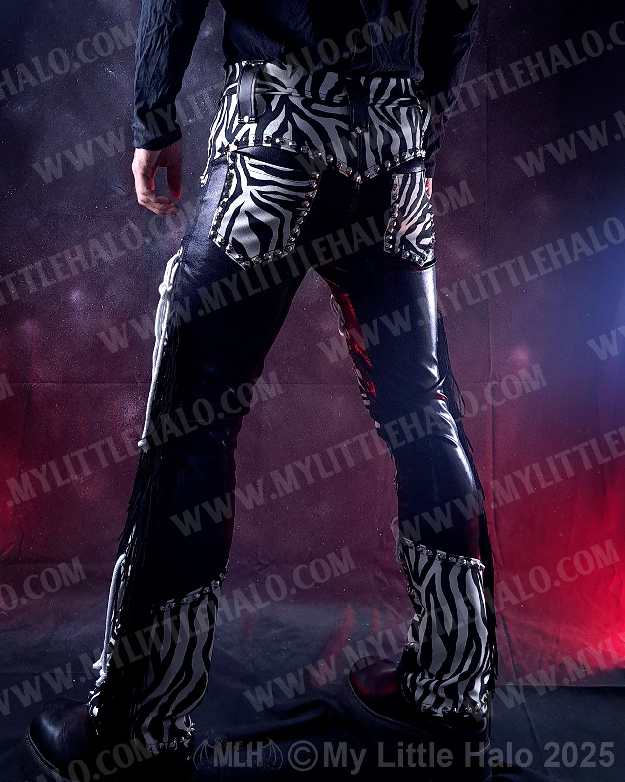 Men’s White Zebra Print Lace up Fringed Pants