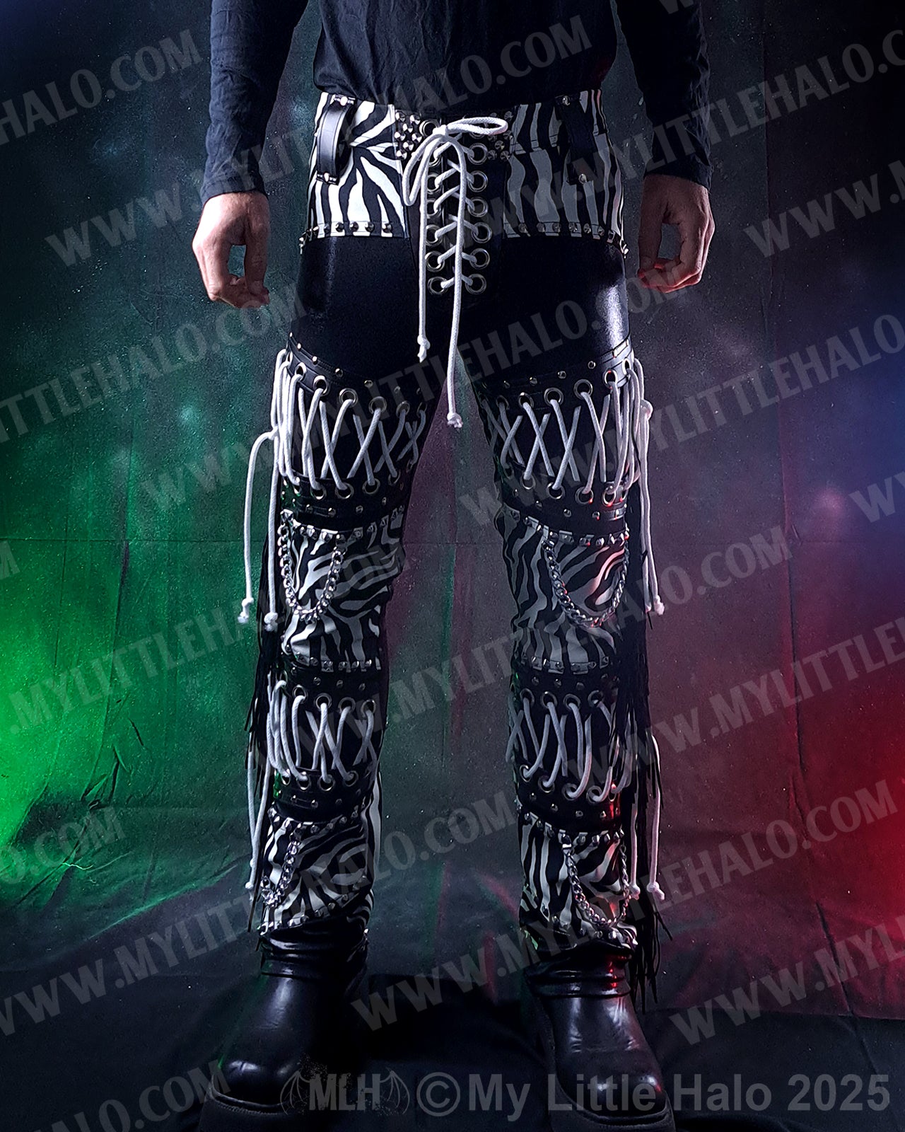 Men’s White Zebra Print Lace up Fringed Pants