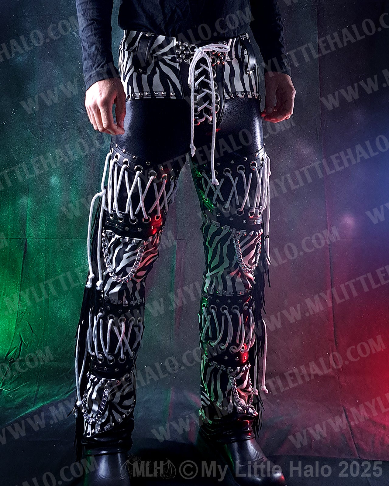 Men’s White Zebra Print Lace up Fringed Pants