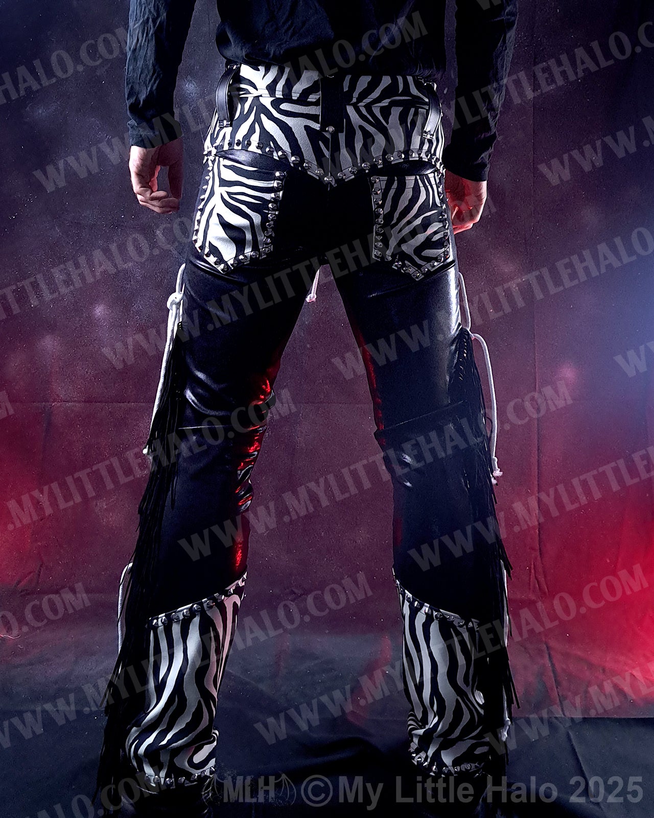 Men’s White Zebra Print Lace up Fringed Pants