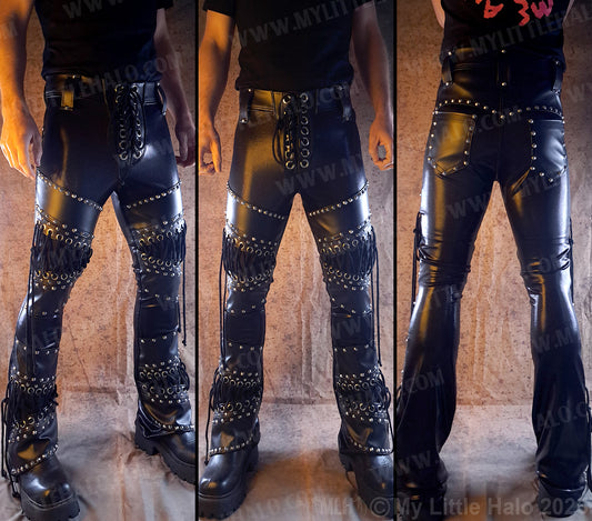 Men's Leather & Spandex Straight Leg Rivet Pants