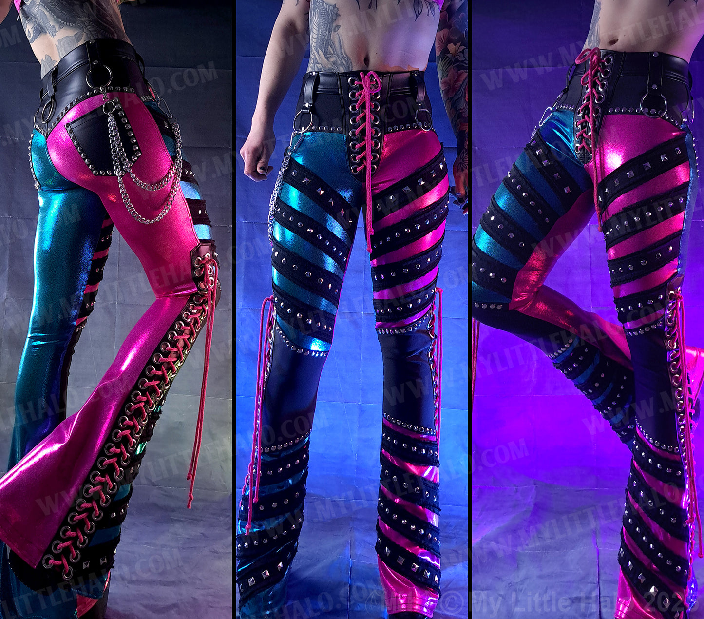 #9 Pink & Turquoise Lace up Flare Pants