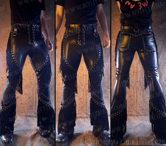 Men's Leather & Spandex Fringed Bootcut Pants