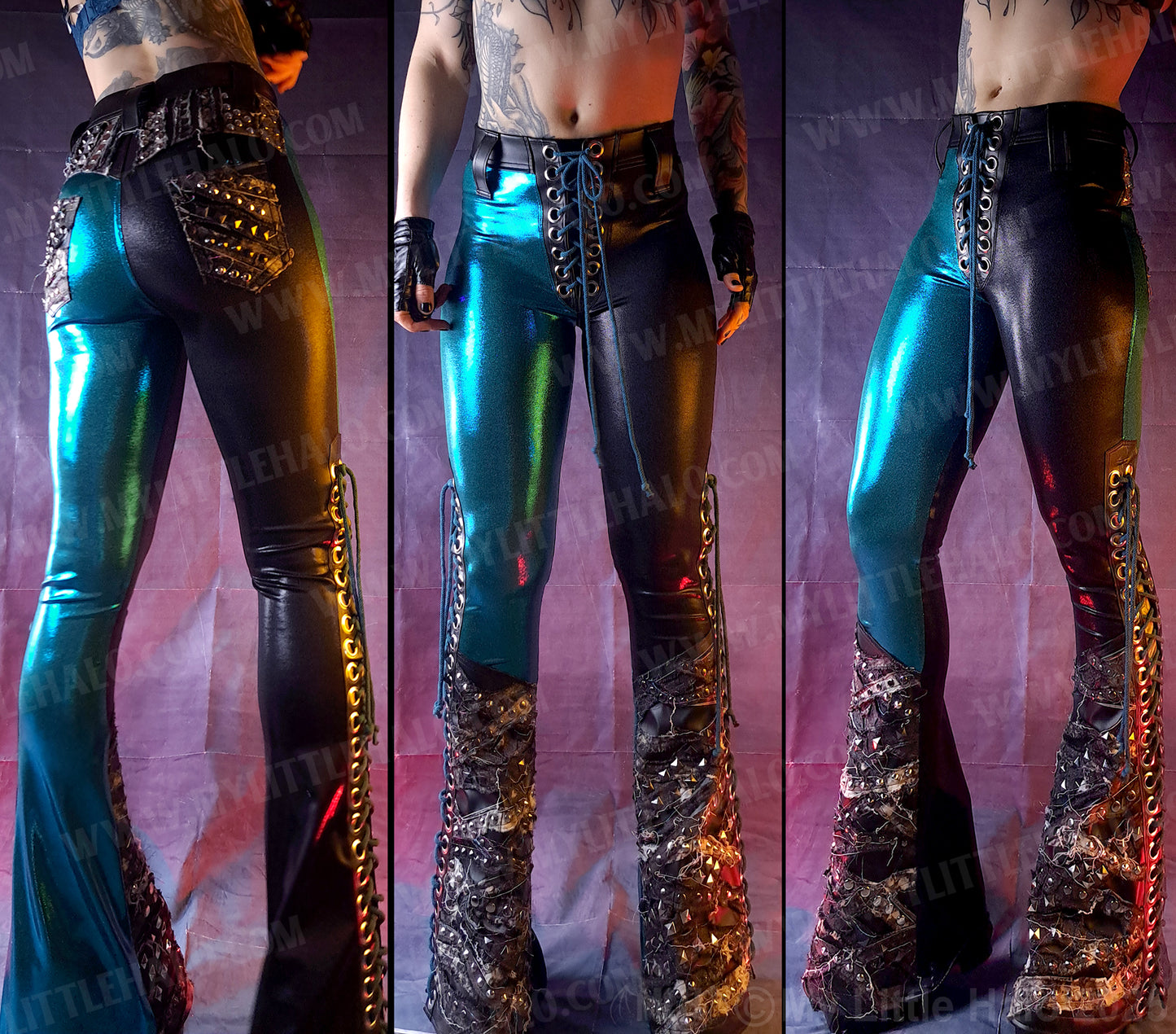 #23 Black & Teal Bleached Denim, Lace up Flare Pants