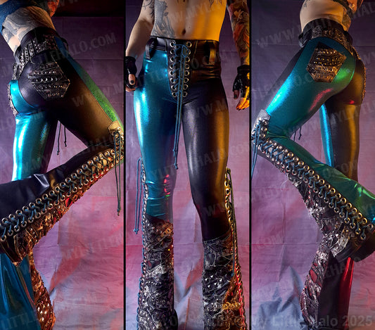 #23 Black & Teal Bleached Denim, Lace up Flare Pants