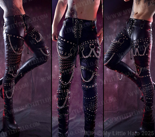 #10 Black Wet Look & Fishnet, Spiked, Gothic Skinny Pants