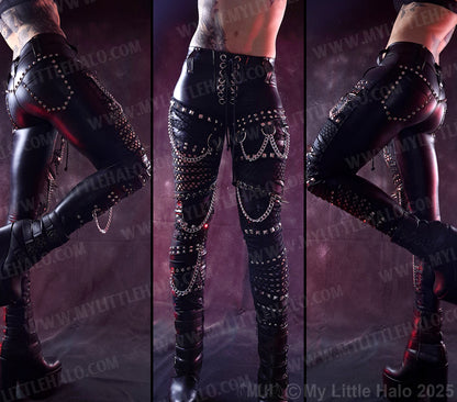 #10 Black Wet Look & Fishnet, Spiked, Gothic Skinny Pants