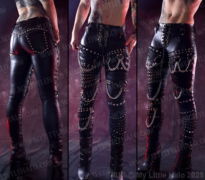 #10 Black Wet Look & Fishnet, Spiked, Gothic Skinny Pants